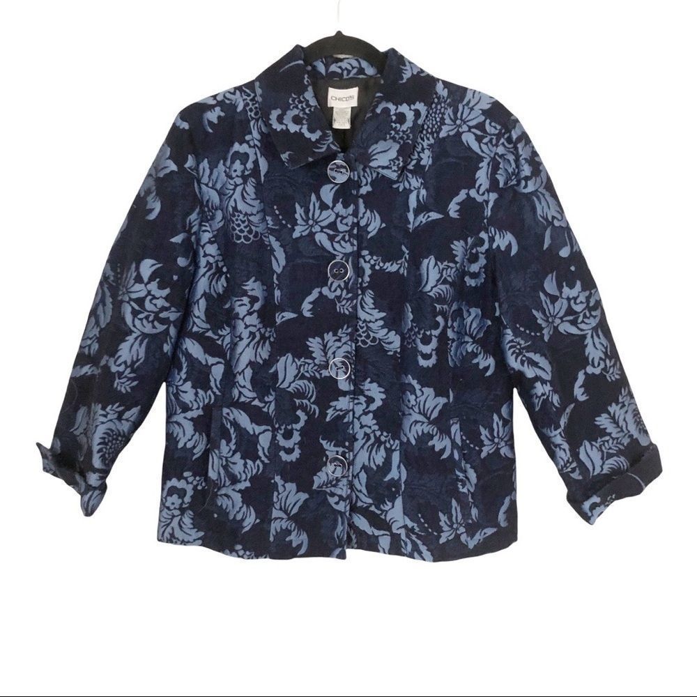 Chico’s Navy Blue/Light Blue Textured Button Down Blazer Jacket Size Large